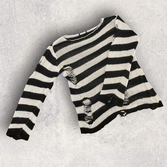 SALE✨ Distressed Blk & Wht Striped Sweater – Grunge Punk Alt Style – Size Small - Picture 1 of 3